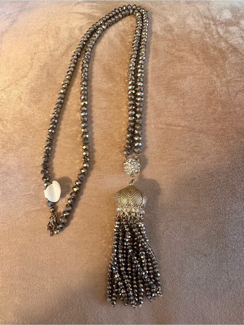 Faceted Metallic Crystal Beaded Tassel Necklace Rhinestone Statement Jewelry